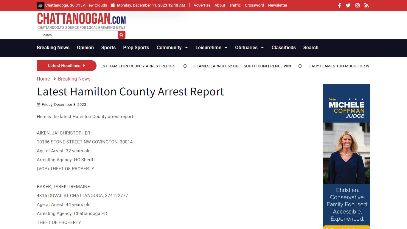 Latest Hamilton County Arrest Report - Chattanoogan.com